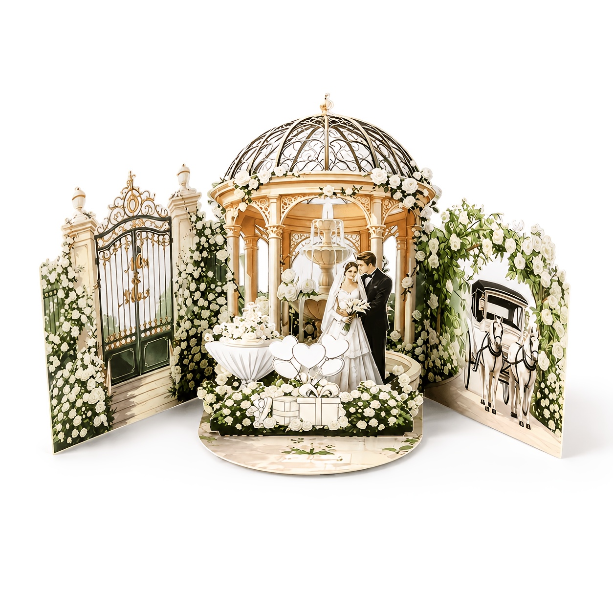TEMU 3d Pop-up Wedding Card, White Garden, Wedding, Carriage And Church Scenes. Suitable For Weddings, Anniversaries, Engagements, And Other