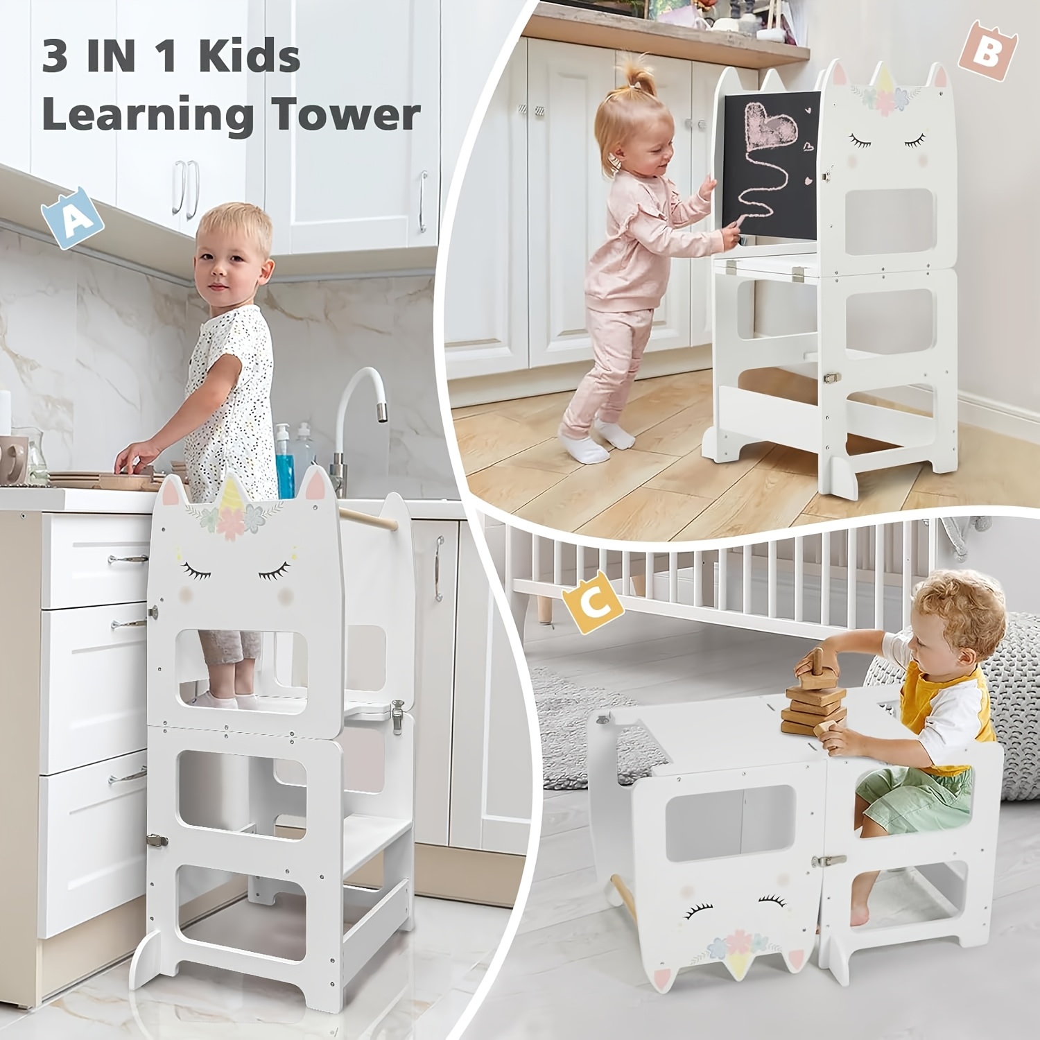 Wooden Foldable Learning Tower with Blackboard - 3-In-1 Step Stool And Assisted Standing Tower, Foldable Kids Table And Chair Set, for Toddlers 18+ Months