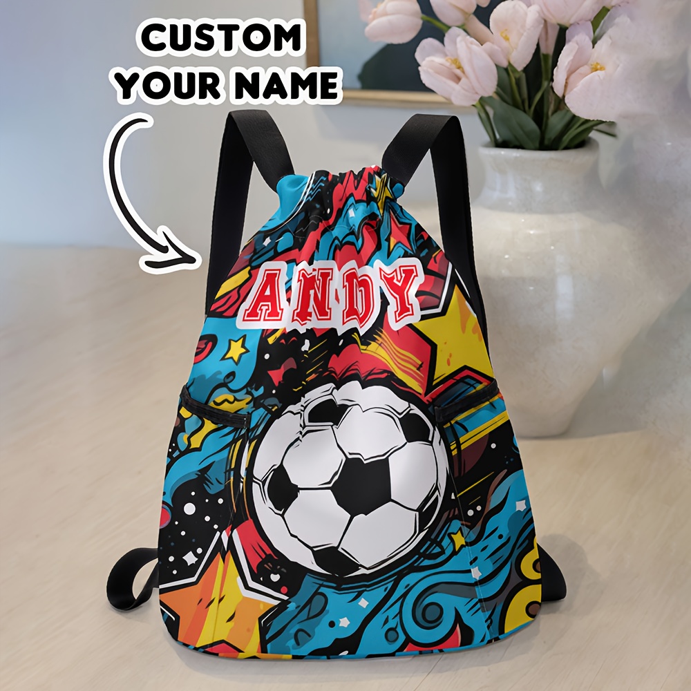 TEMU Soccer Print Drawstring Backpack - Large Capacity Durable Gym Bag With Adjustable Shoulder Straps, Sports Beach Rucksack For Men And Women,