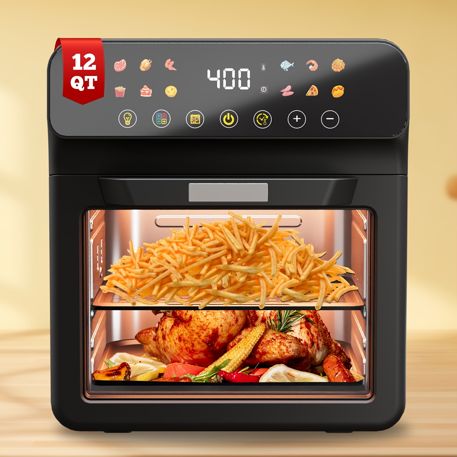 TEMU [smart Air Fryer Oven] 12-in-1 Large 12-quart Air Fryer Oven | 12 Functions, Program, 2 Baking Pan Accessories, Viewing Window, Interior Light,