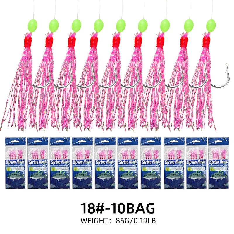 Image of Set Of 10 Rainbow Skin String Fishing Rigs With 6 Hooks, Suitable For Saltwater And Freshwater Fishing, Featuring High-quality Bait Rig Tackle