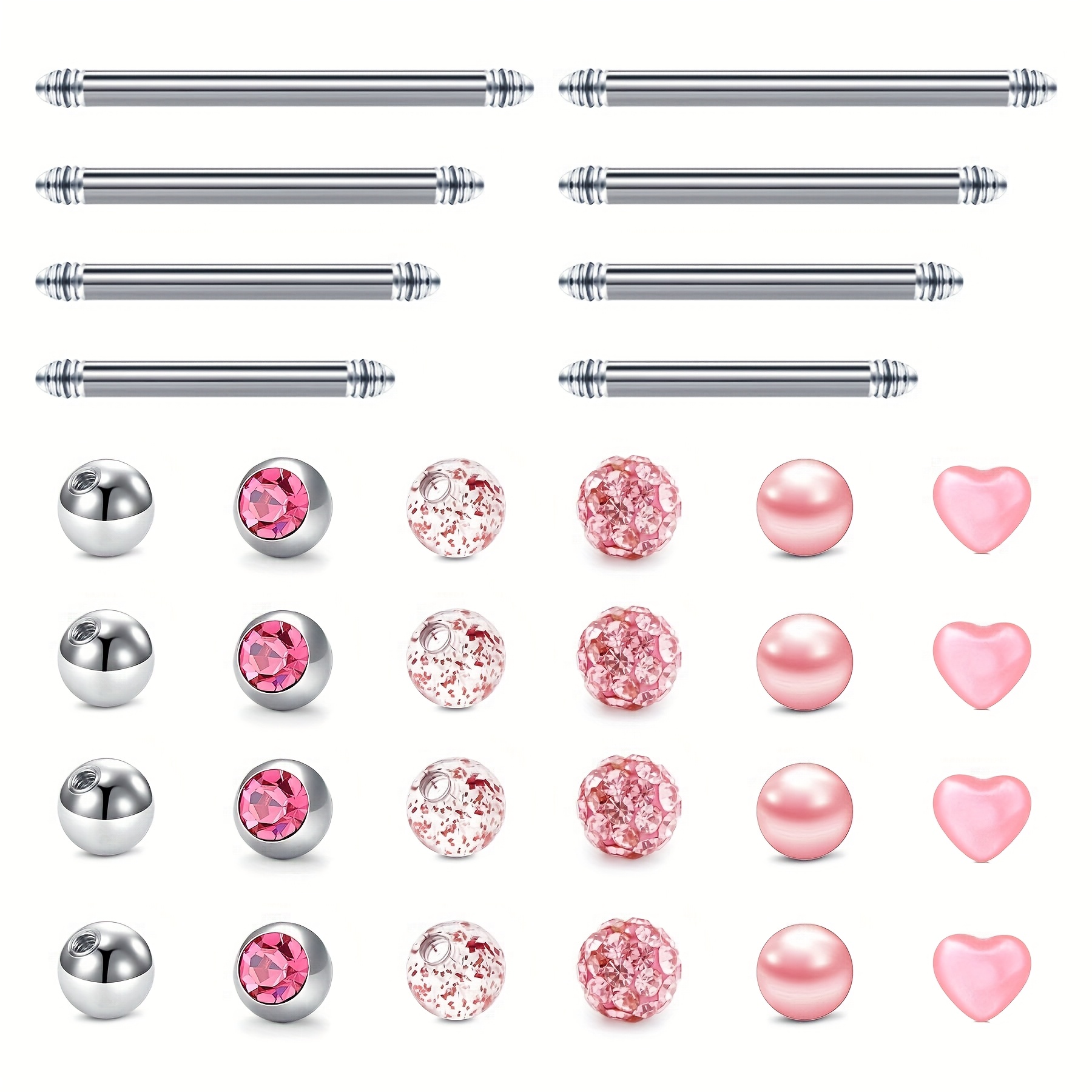 32pcs Piercing Rod + Ball Additions Set, Matching Combination, 1.6*12/14/16/18 Tongue Nail Ear Bone Nail, Multiple Styles Of Ball Combination, Women's Piercing Jewelry Set