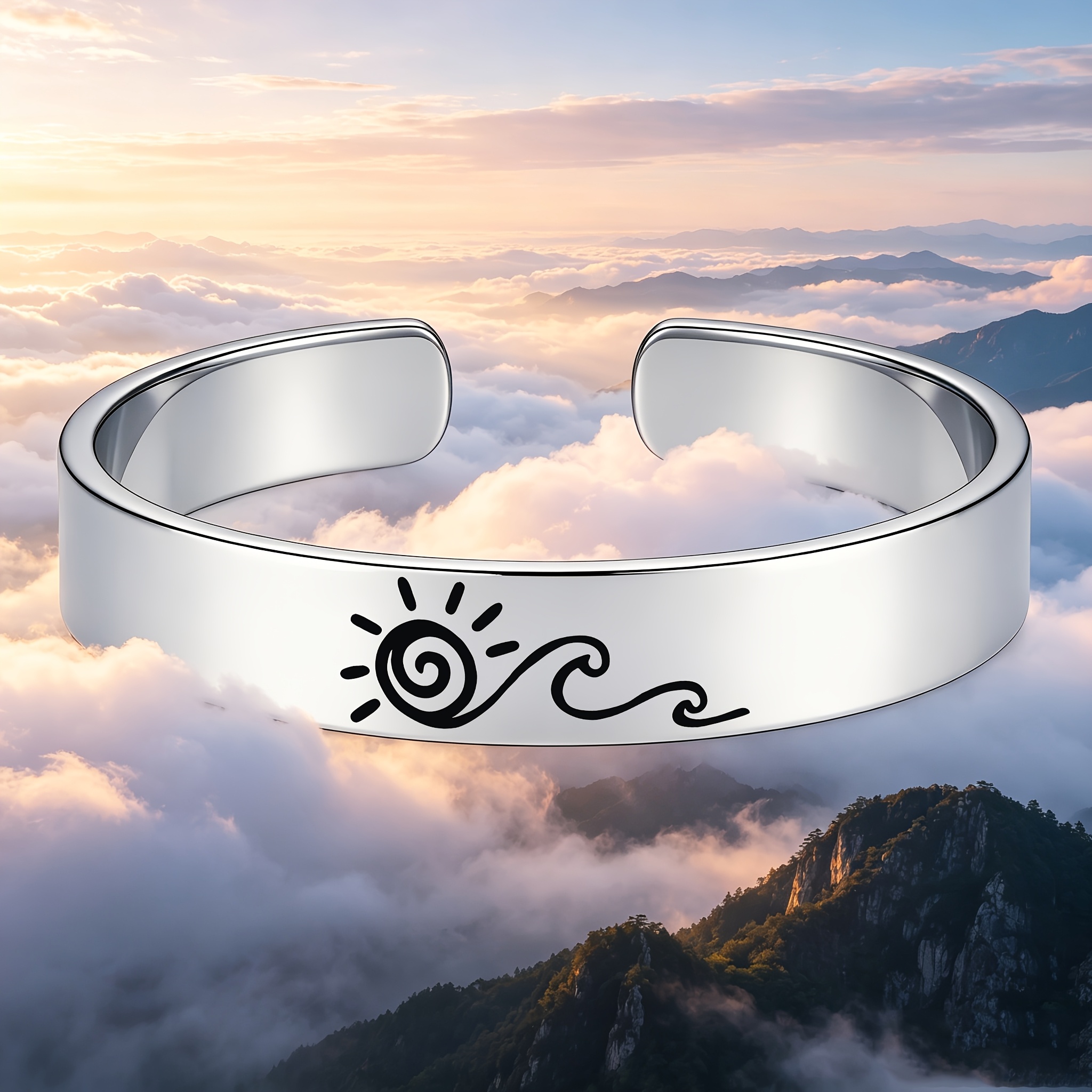 Women's Minimalist Sun and Wave Pattern 304 Stainless Steel Open Bangle
