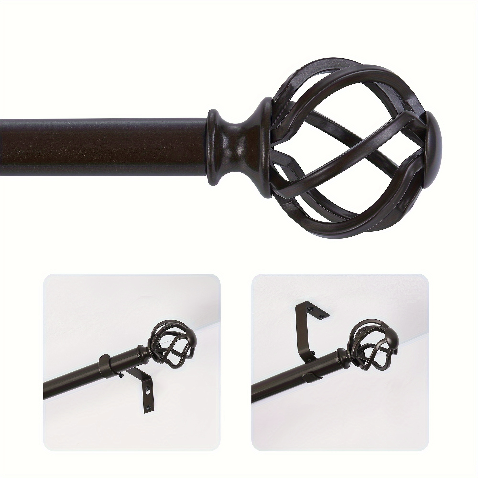 

Black Curtain Rod For 72-144 Inch Window: 1 Inch Adjustable Long With Twisted Cage Finials - Rustic Rods For Outdoors & Indoors With Ceiling & Wall Mounted