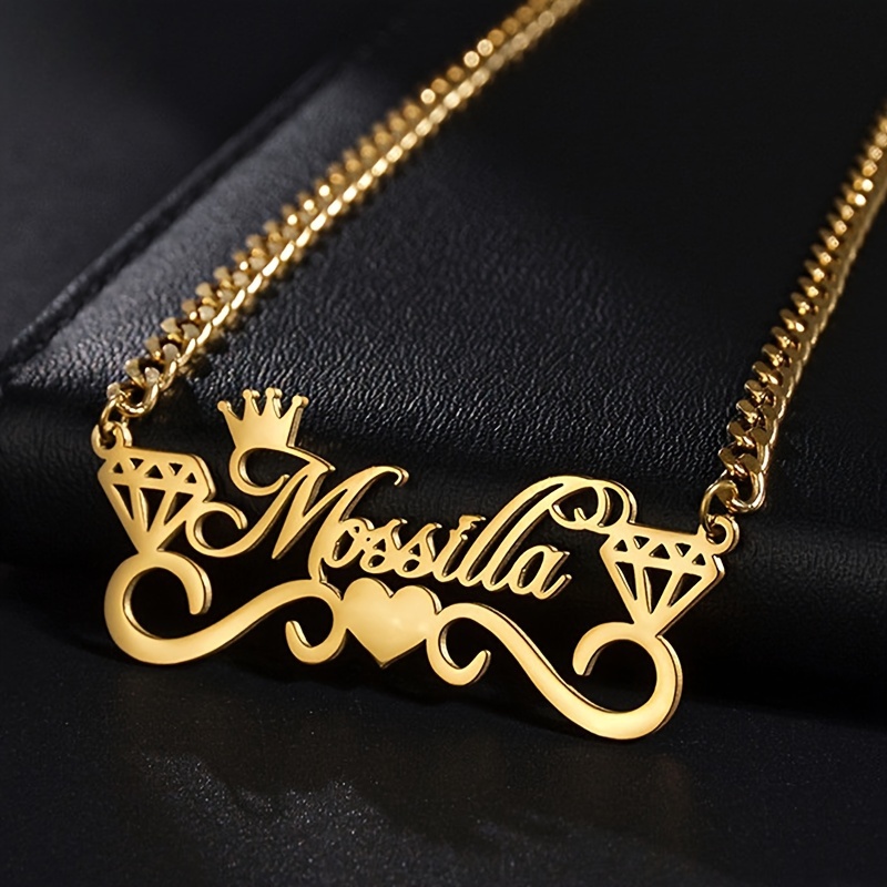 

Personalized Golden Tone Stainless Steel Name Pendant Necklace With Crown And Heart Detail, Funky Style Chain, For Men - Unique Father's Day/birthday/