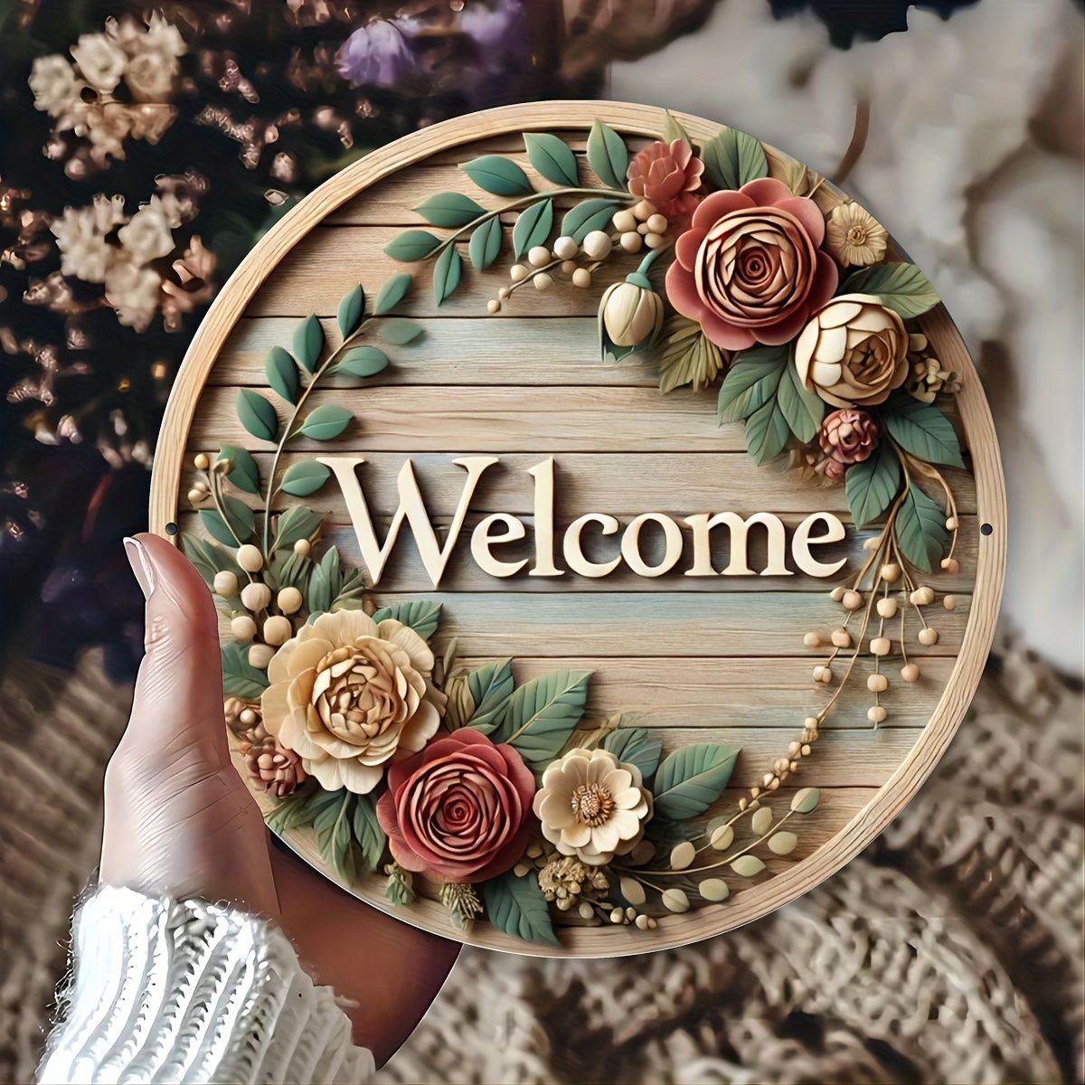 

1-pack 8" Round Vintage Tin Painted Floral Wreath Iron Welcome Sign, Waterproof & No Fading, Heat & Cold Resistant Metal Wall Decor