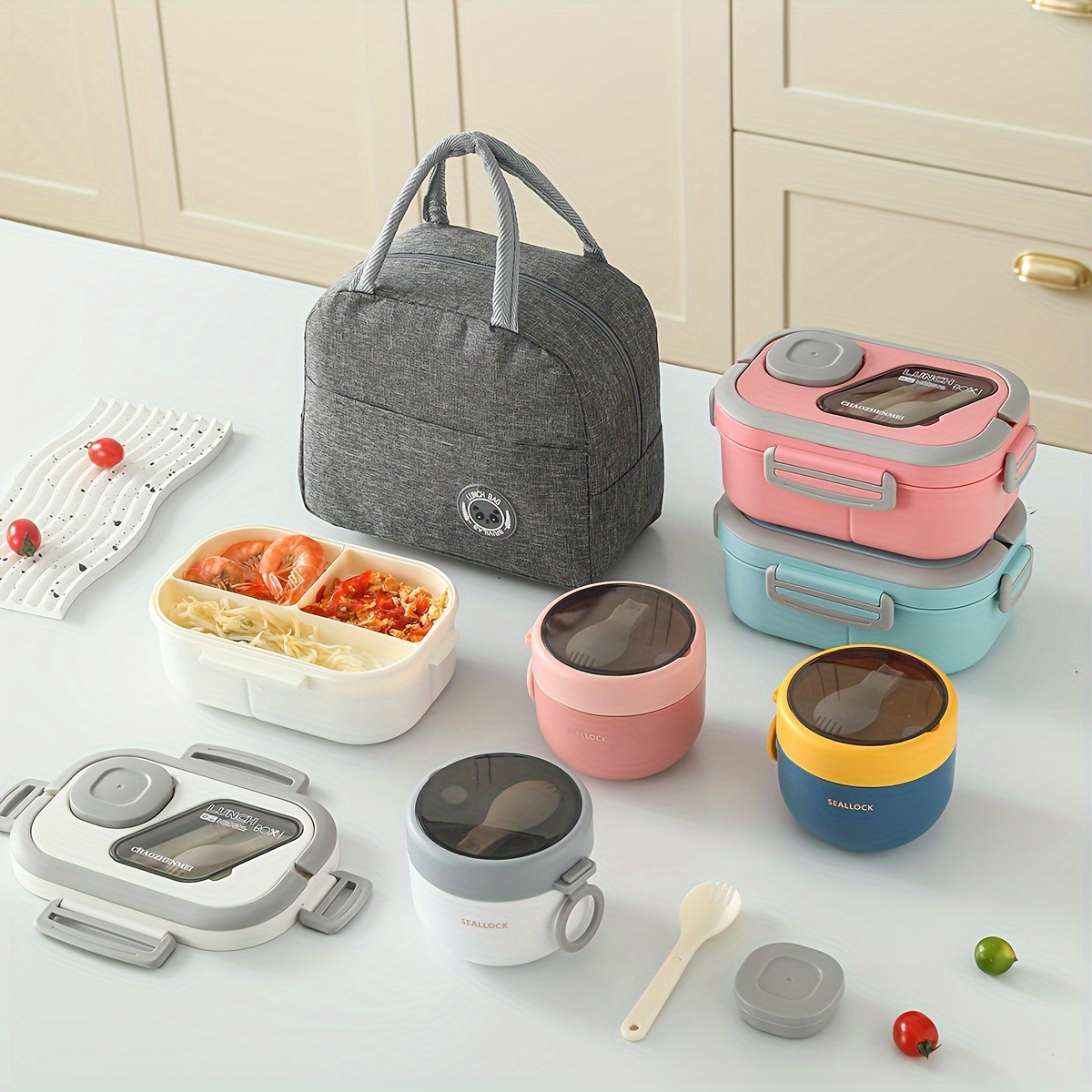 

European Style 3-piece Portable Lunch Box Set With Insulated Lunch Bag And Oatmeal Cup - Durable Plastic Bento Boxes, Microwavable, Ideal For Storage And On-the-go Meals