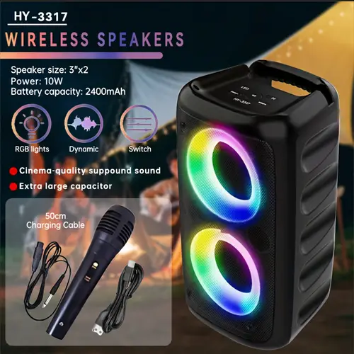 everyday portable wireless speaker with subwoofer wired microphone dual 10w surround sound rgb disco lights fm radio 2400mah battery tws tf card slot ideal for parties outdoor events
