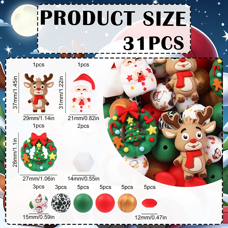 TEMU 31pcs Cute 3d 2026 New Santa Claus And Reindeer And Wreath Silicone Bead Set Wholesale - Silicone Beads, Jewelry Making Beads, Multi-sided And