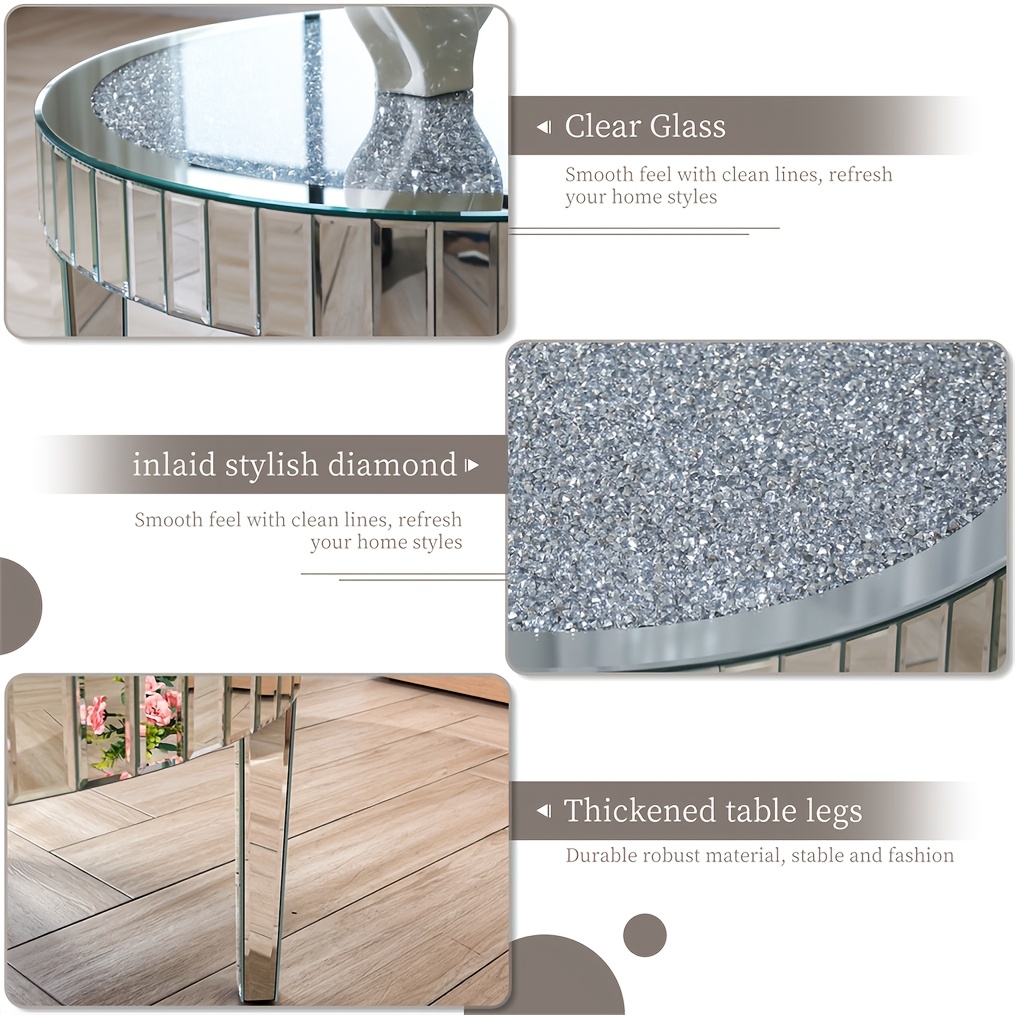 AESOME Glam Silver Mirrored Round Coffee Table Crushed Diamond Accent Side Table With Beveled Glass Edge Modern Center Table For Living Room And Office (31.5