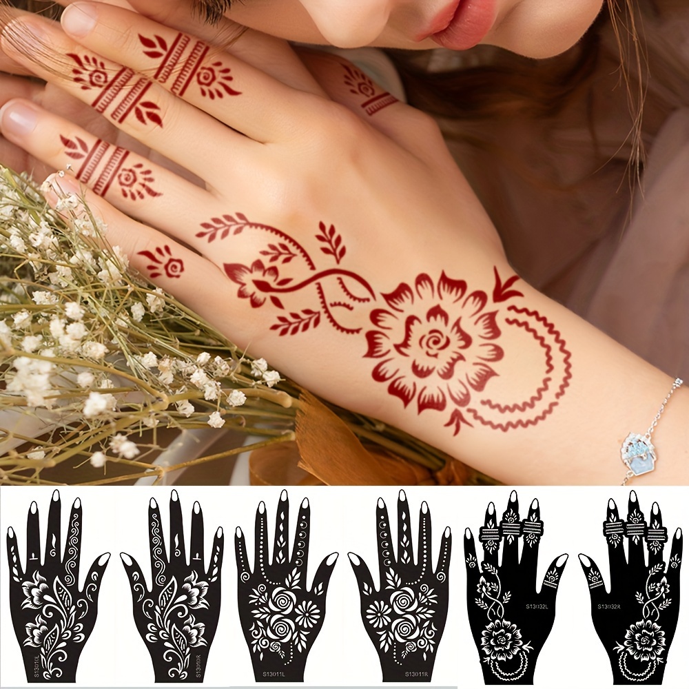 

6 Sheets Good Quality Henna Tattoo Stencil Stickers Color Painting Temporary Hand Tattoo Template Glitter Painting Hollow Stickers For Makeup Designs