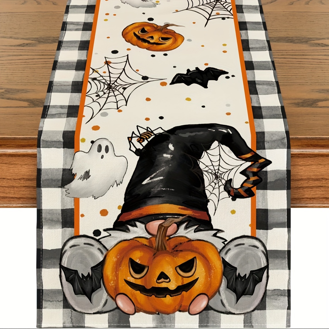 TEMU 1pc Gnome Bat Pumpkin Ghost Halloween Table Runner, Seasonal Kitchen Dining Table Decor For Home Party 13x48/13x72/13x108/inch