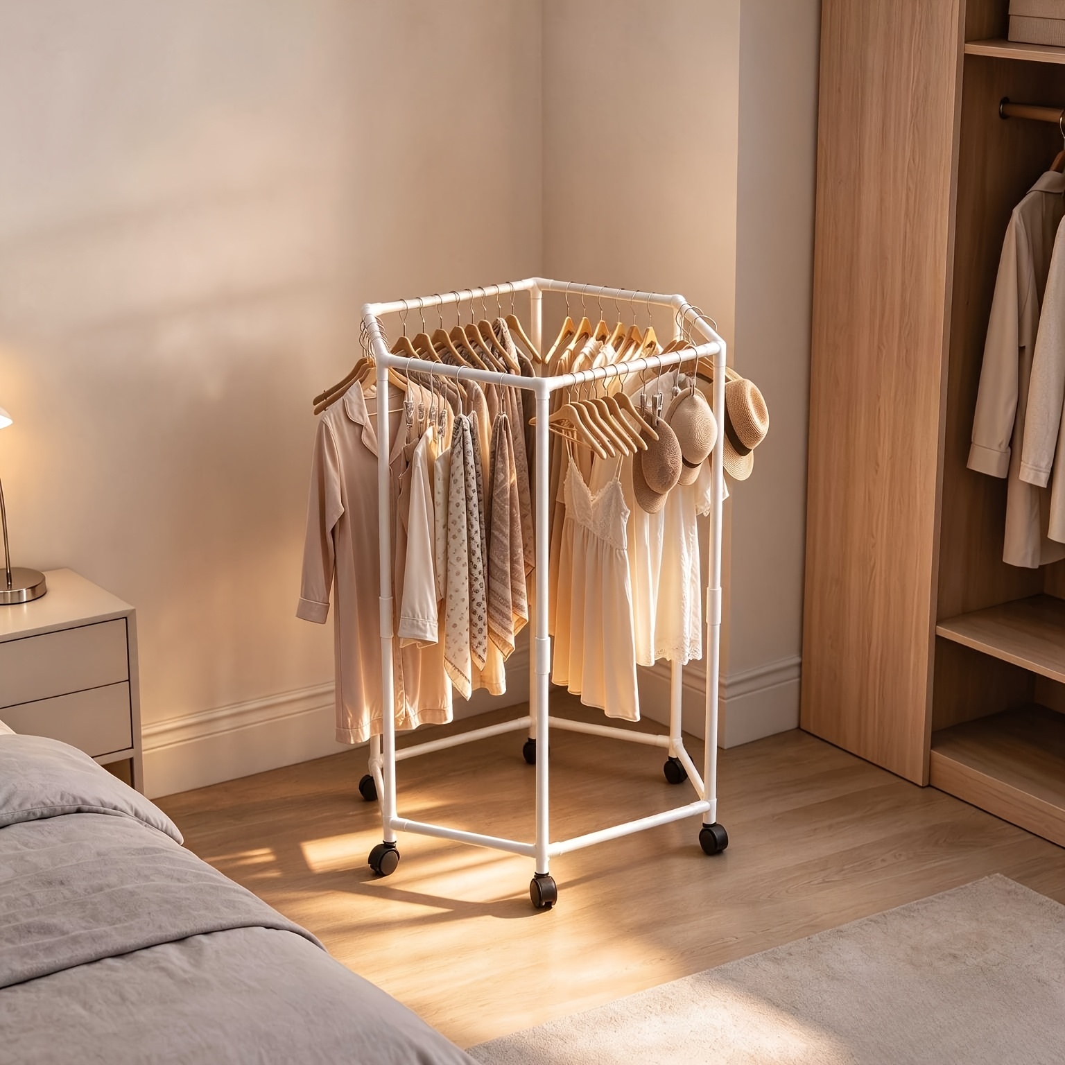 TEMU Portant à vêtements de sol polygonal, support en métal épaissi, étagère de rangement à double niveau, présentoir à vêtements , et , étendoirs à