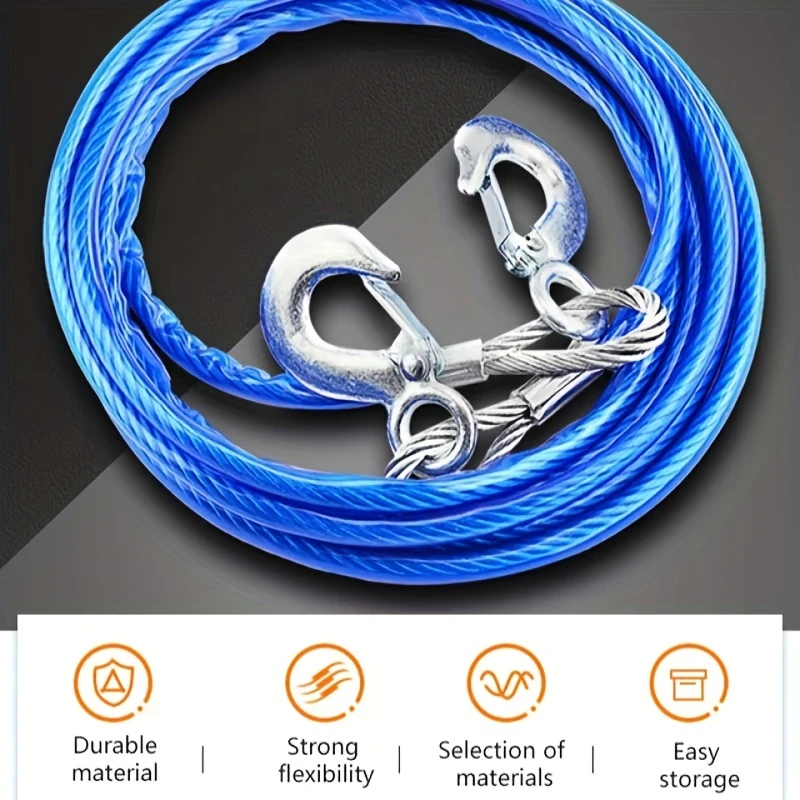 1 roll 5m steel tow rope with hooks heavy duty car recovery cable 122lb breaking strength for towing and winching vehicle external accessories details 1