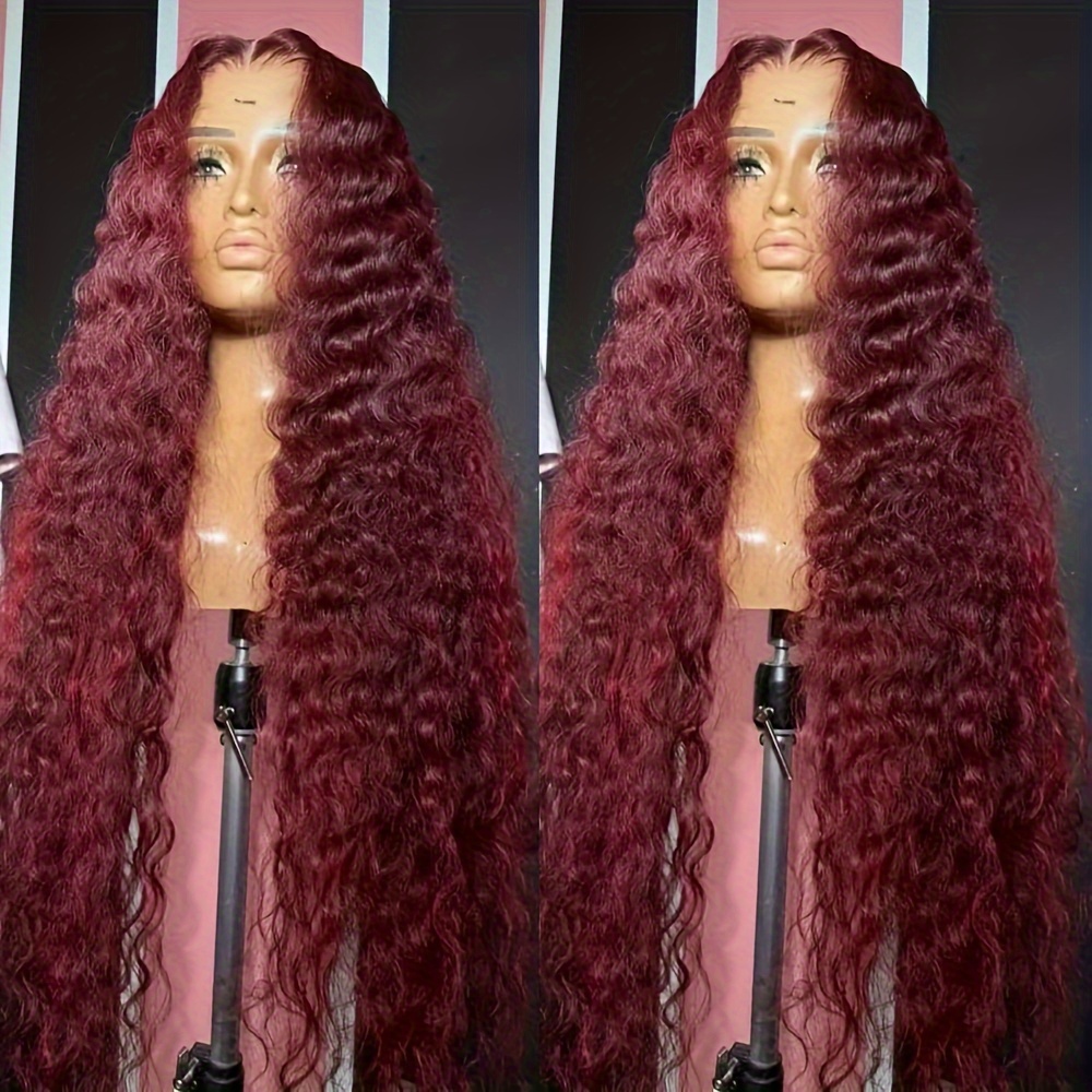 TEMU 32 Inch Super Long Synthetic Lace Front Wigs For Women 13*4 Inch Part Space 99j Dark Burgundy Synthetic Heat Resistant Fiber Loose Curly Wave Preplucked Hairline Glueless Lace Wigs For Daily Party Wig