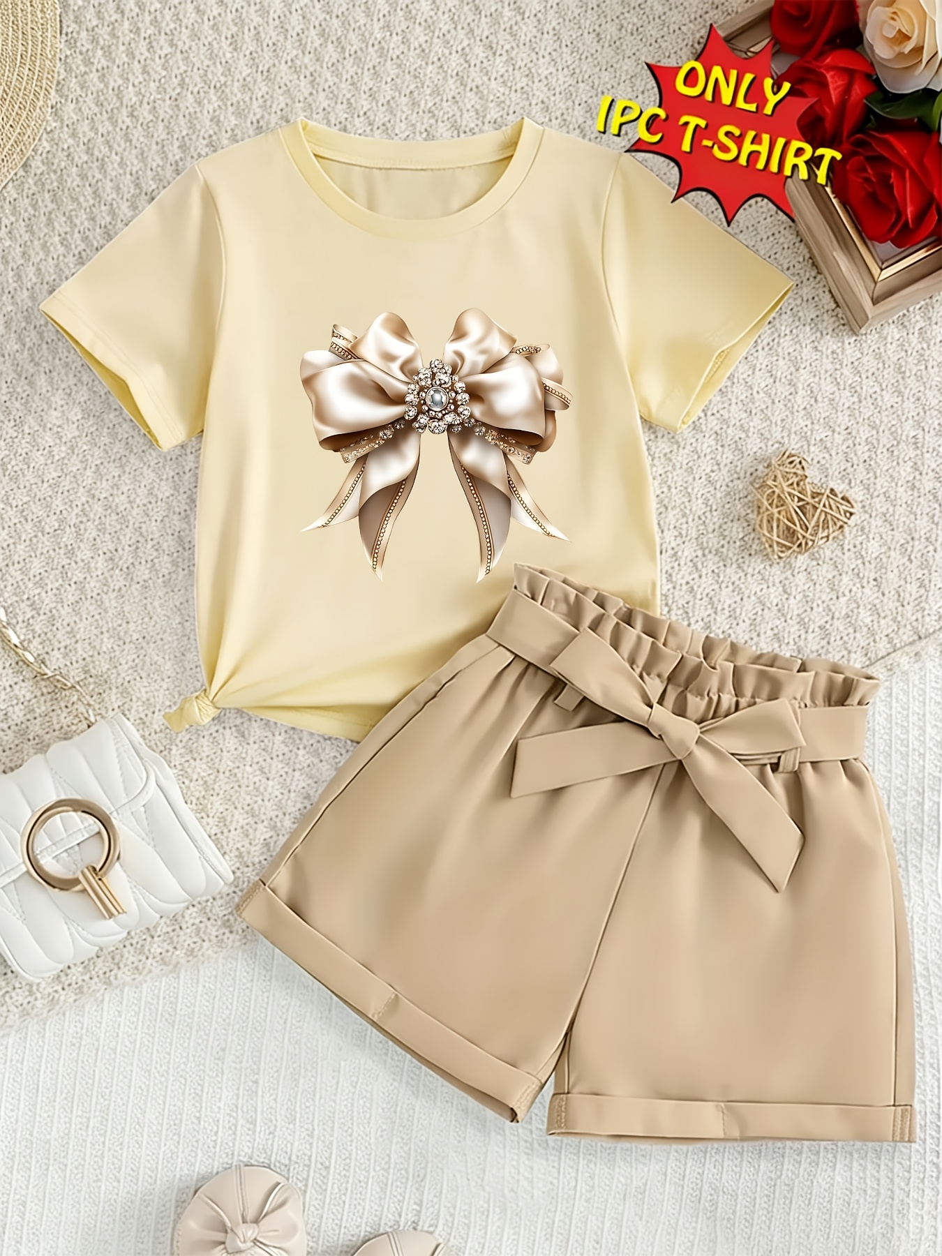 girls single short sleeve t shirt with cartoon bow print soft and comfortable fabric suitable for outdoor leisure and daily wear