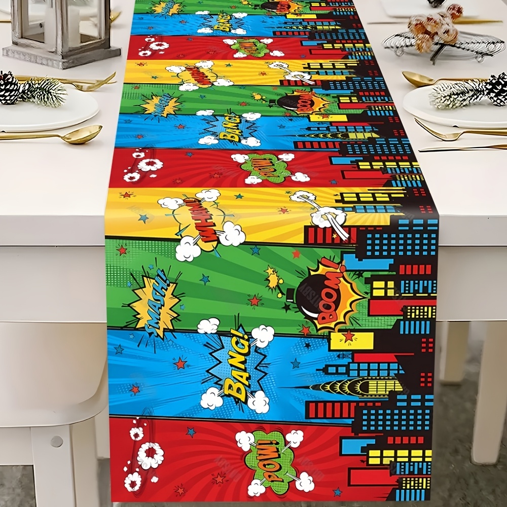 TEMU Superhero Pop Art Anime Tablecloth, Pow! Boom! Bang! Retro Comic Style Colorful Striped Fabric Suitable For Home Kitchens And Festive Party