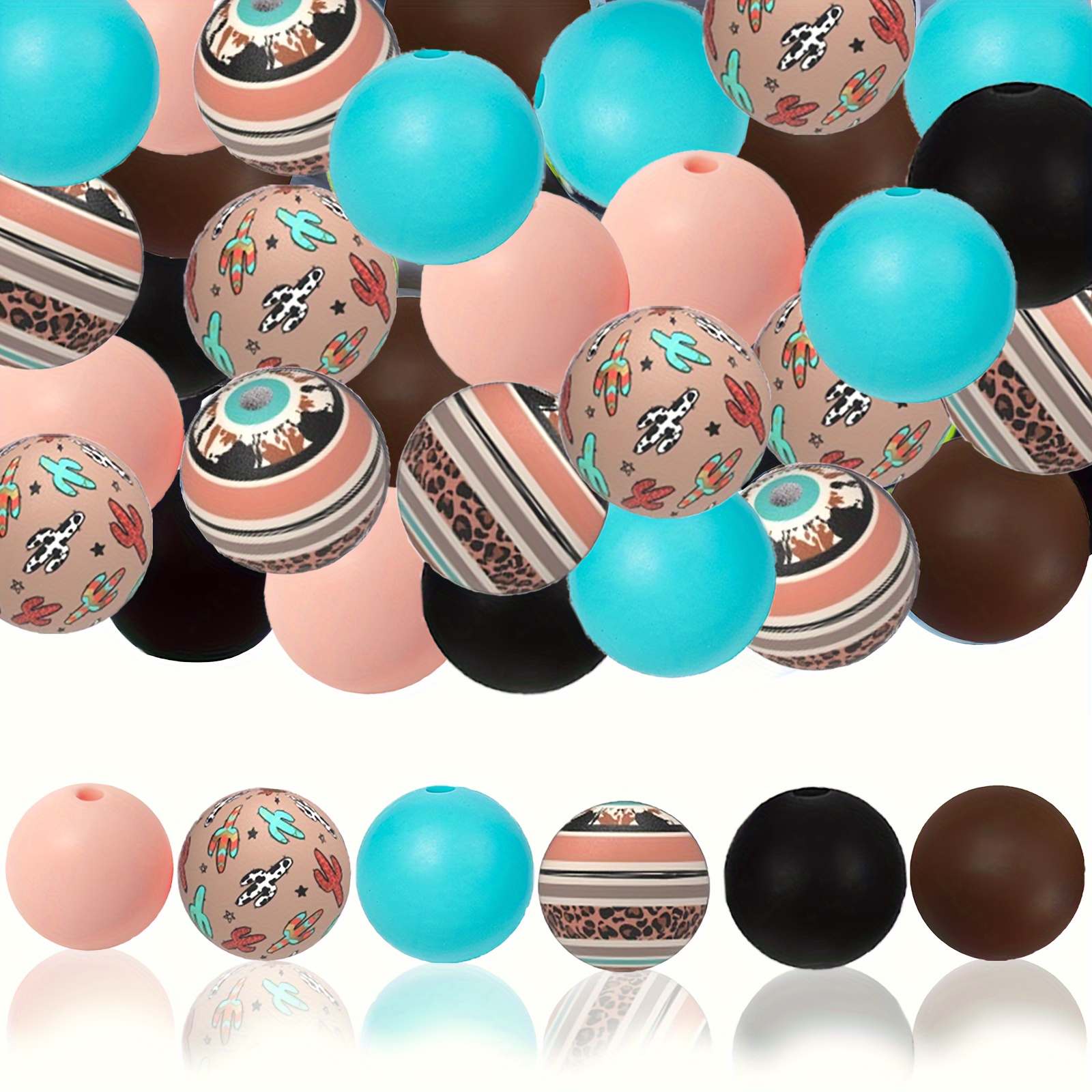 

50pcs Vintage Cactus & Leopard Print Silicone Beads, 15mm - Assorted Styles For Diy Jewelry, Keychains, And Home Decor Crafts