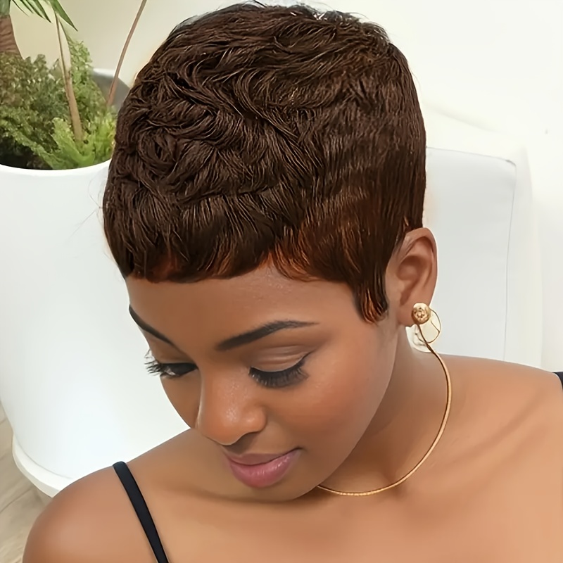 TEMU 2# Color Short Hair Layered Brazilian Human Hair Cut Wigs For Women, Full Machine Made, 4 Inch For Daily Wear, Glueless, Put On And Go