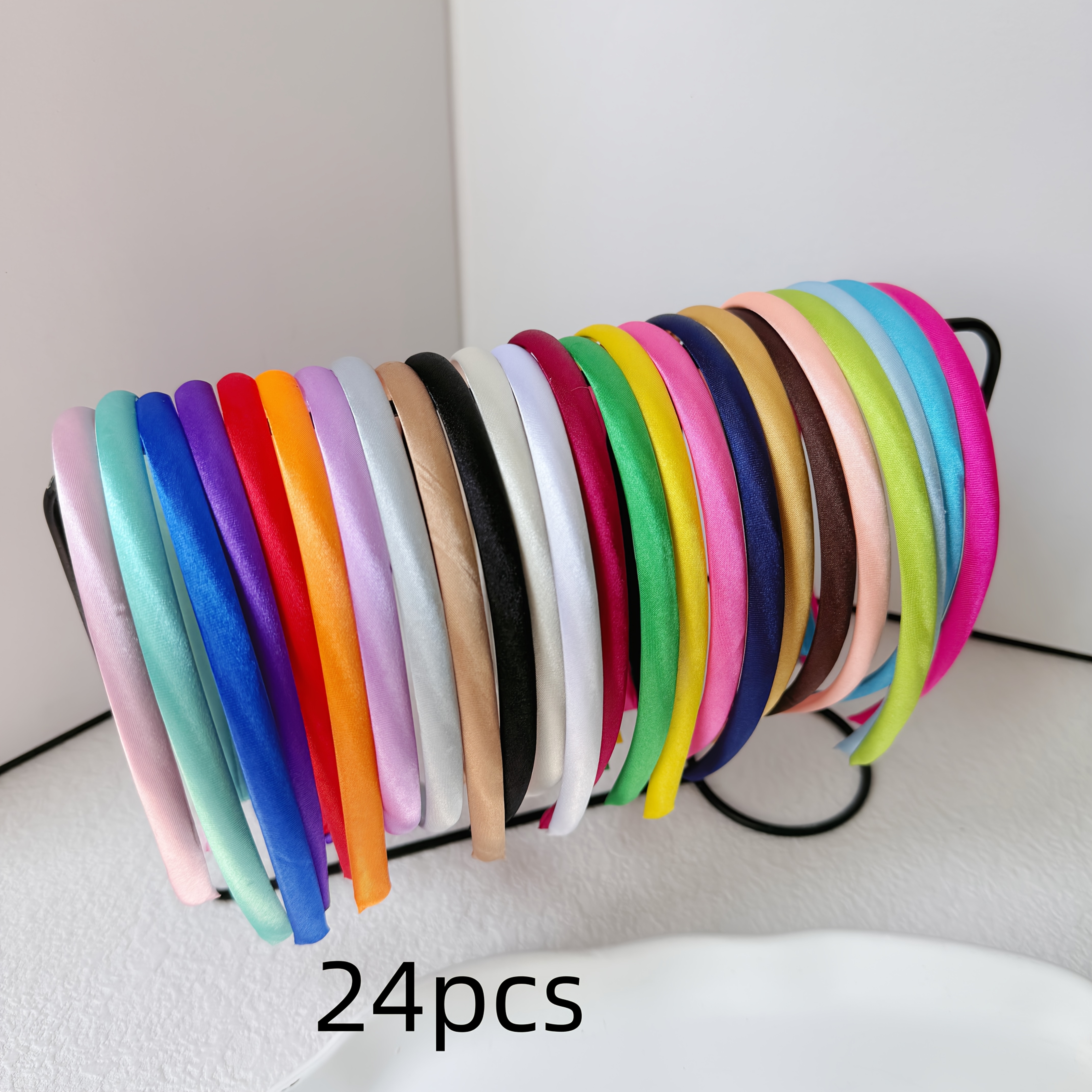 TEMU Juego de 24 piezas de diademas de tela de satén, cintas para el pelo de plástico para manualidades, aros para el pelo prensados de satén,