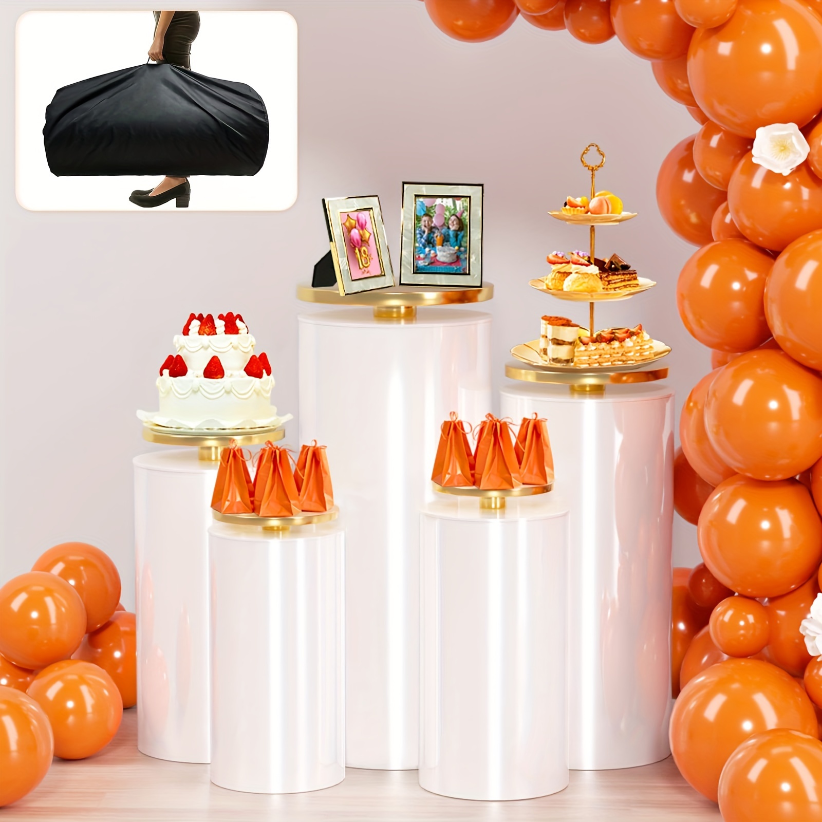 

White Cylinder Stands For Event Decor-includes Storage Bag, Round Pedestal Displays Showcasing Cakes And Centerpieces , Baby Showers, And Birthday Parties