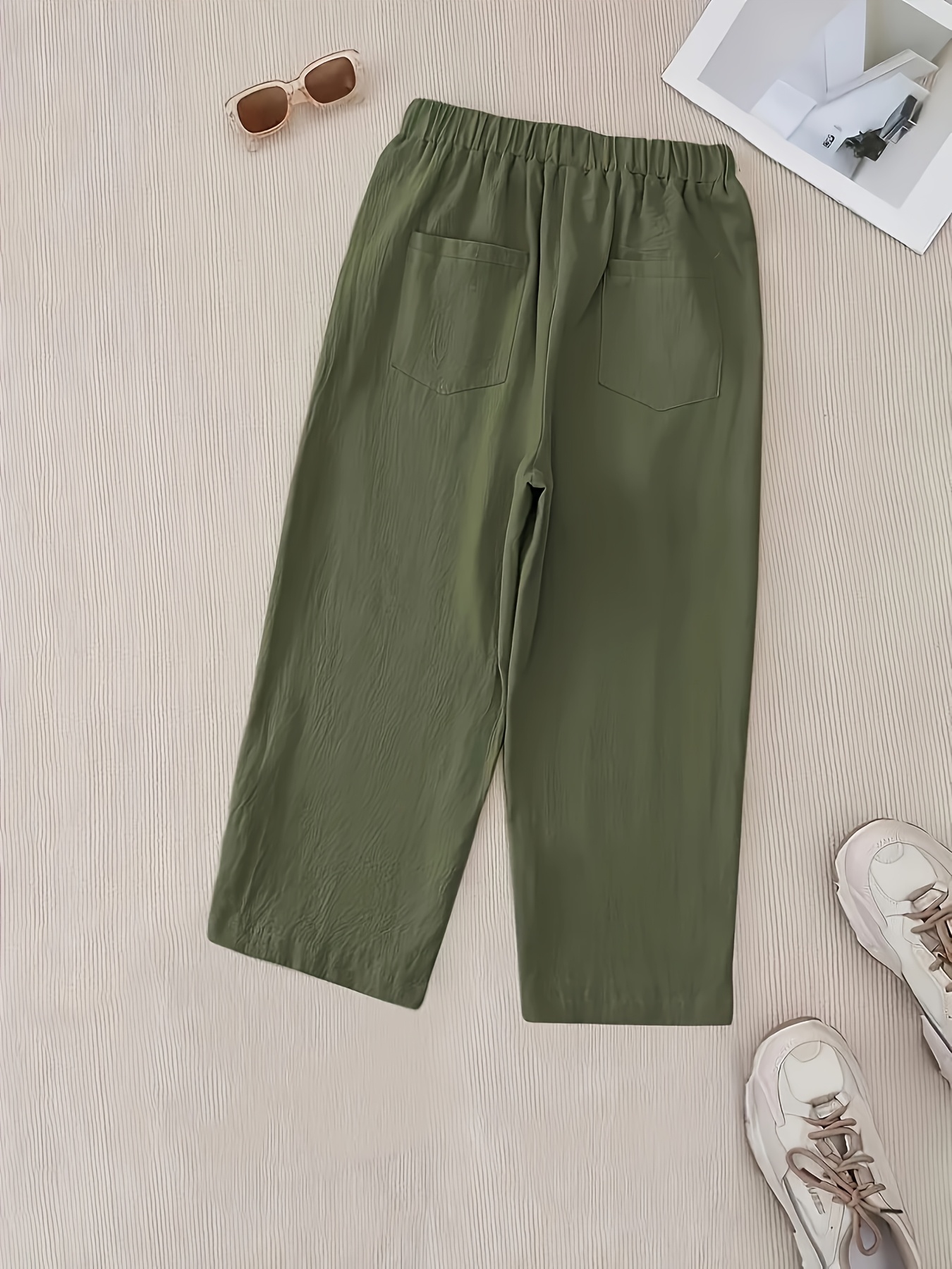 spring summer versatile button decor comfortable elastic waist pocket casual capri pants