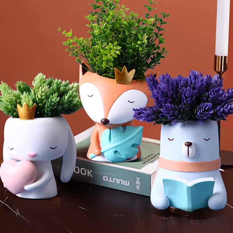 기발한 동물 레진 펜 홀더 & 화분 - 귀여운 여우, 토끼, 곰 디자인의 홈 및 오피스 장식, 컬러풀한 데스크탑 장식품