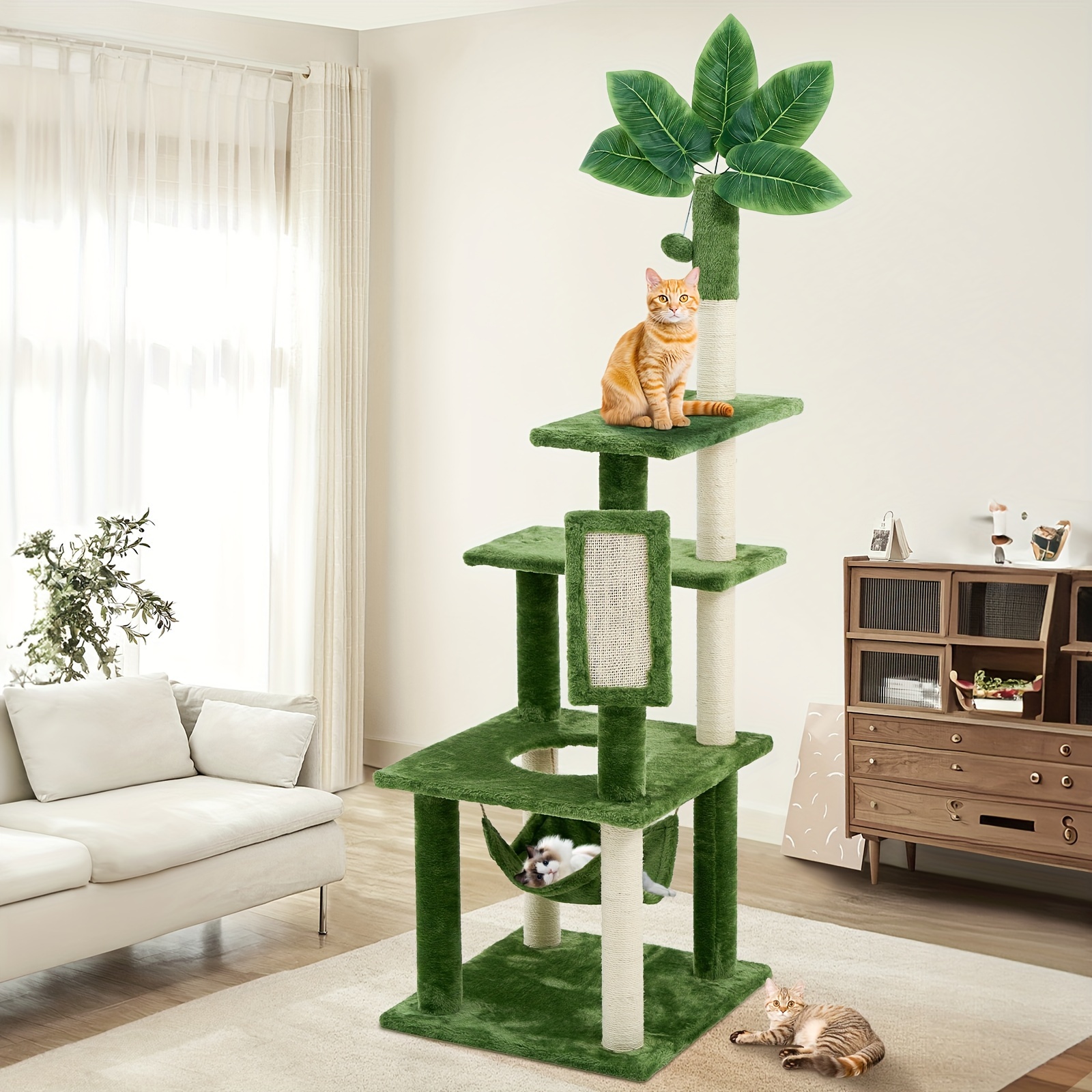 

Tscomon 61" Cat Tree For Indoor Cats With Green Leaves, Multi-level Large Cat Tower For Indoor Cats With Hammock, Toy And Cat Sisal Scratching Posts Cat Furniture, For Living Room, Bed Room, Kitchen