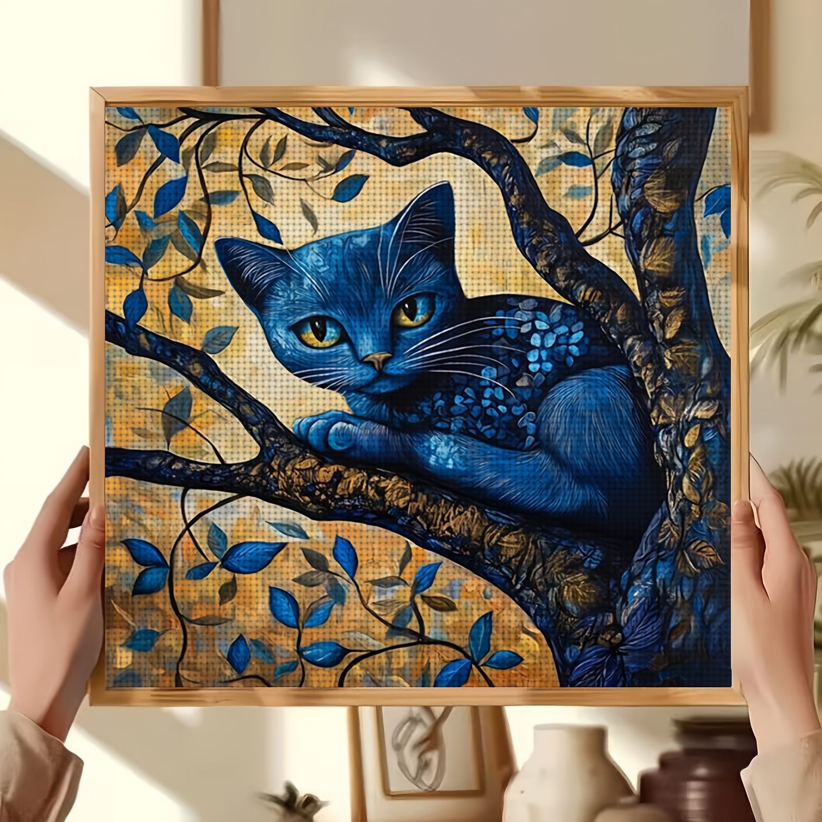 Cross-Stitch Printing Kit, Blue Cat on a Branch Design