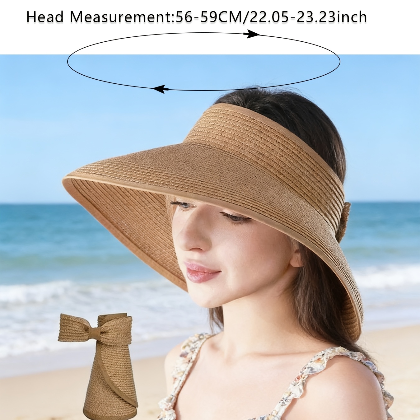 Boho Straw Visor Hat Wide Brim Floppy Beach Sun Hat Khaki sun visor hats women wide brim straw roll ponytail summer - Temu main image 4