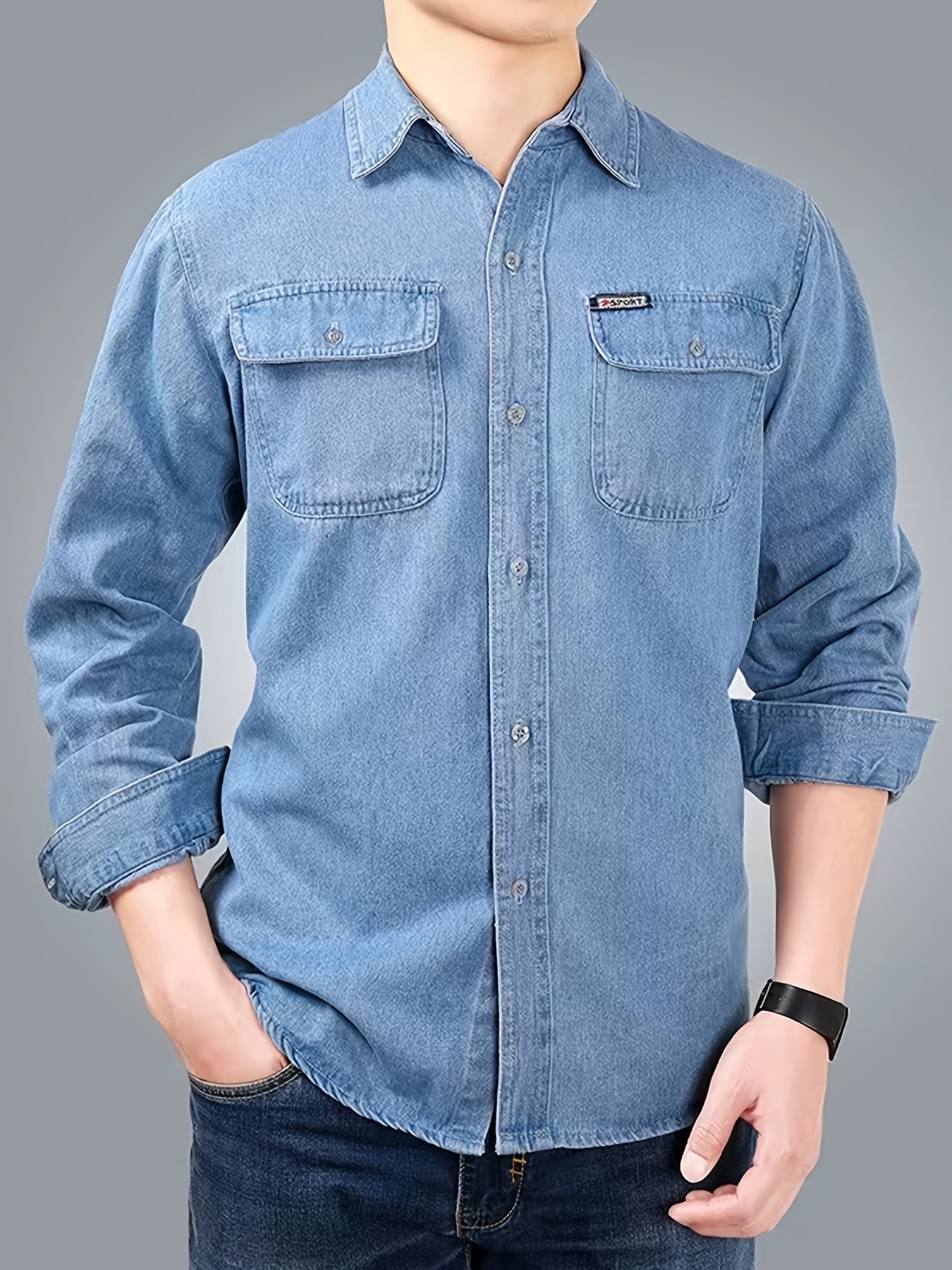 Men's Spring/Autumn Denim Shirt Long Sleeve Fashion Loose Casual Pure Summer Lightweight Workwear Labor Protection Jacket