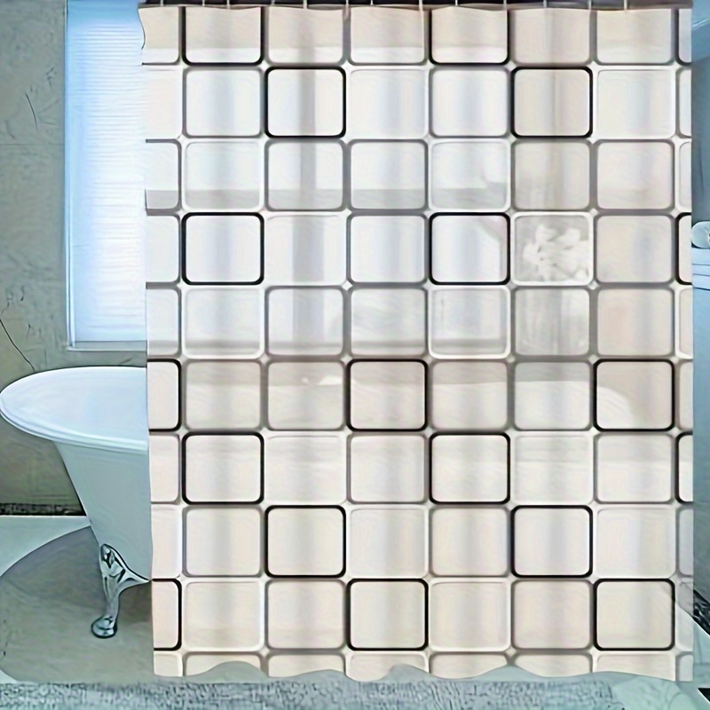 Image of 1pc Peva Bathroom Shower Curtain With Large Checkered Design, Modern Minimalist Style, No Drilling Required, Includes 12 Shower Curtain Hooks