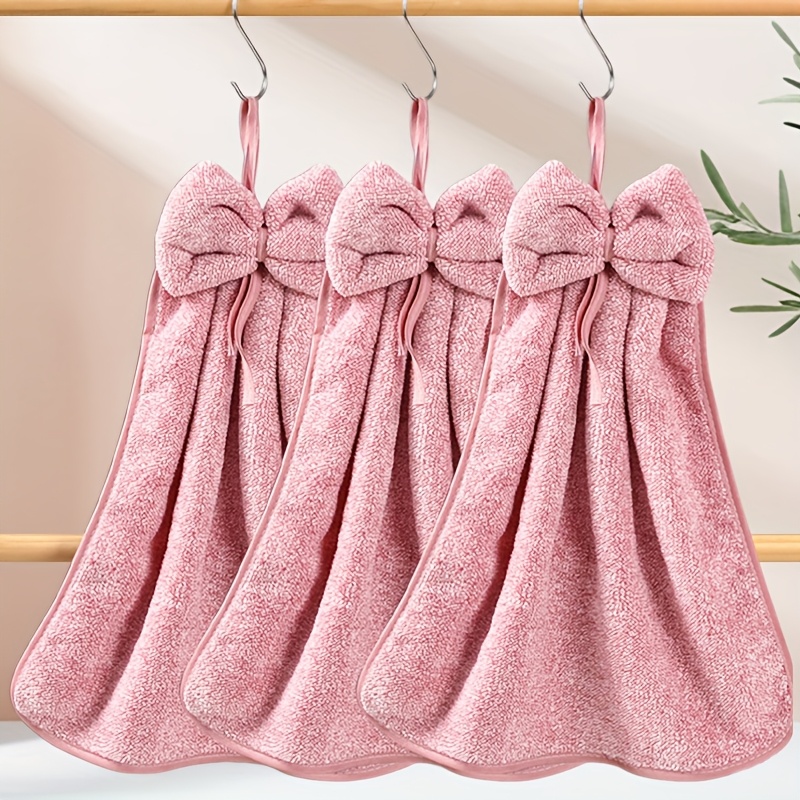 TEMU 's Breath Hanging Towels / 3 Hand Towels Measuring 12.99*14.56in, Soft And Absorbent, Made Of High-density Coral Fleece And Cute Bow Shaped