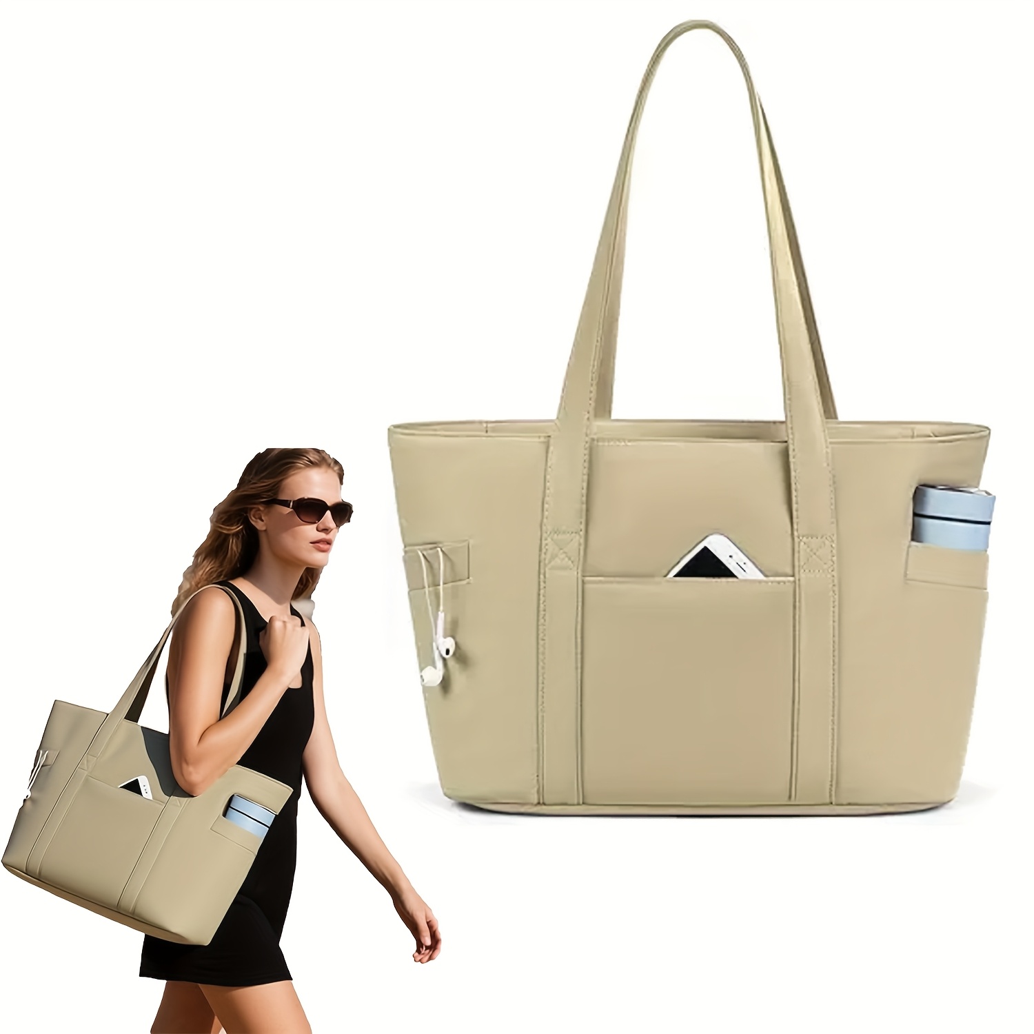 womens light blue tote bag with top handle large capacity zippered   for travel work polyester lining multiple pockets hand wash or   work handbag   bag sturdy handle bag