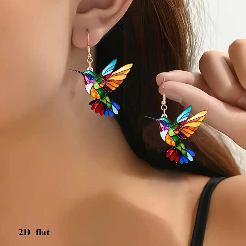 1 pair acrylic hummingbird earrings, colorful 2D flat design