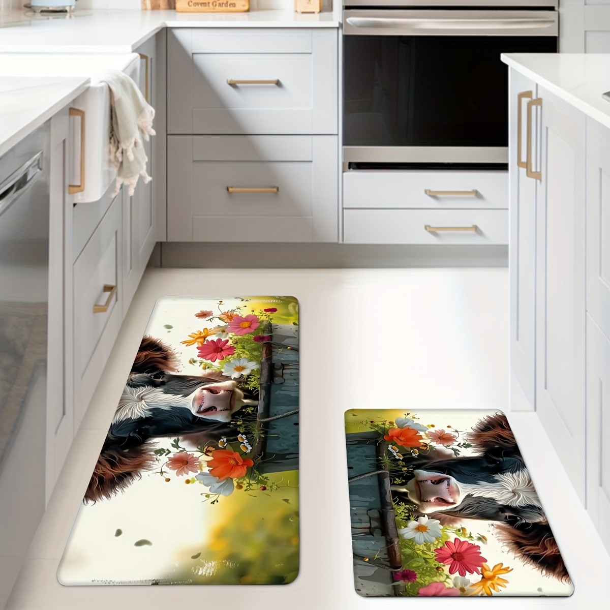 

1/2pcs, Cow Kitchen Mats, Non-slip And Durable Bathroom Pads For Floor, Comfortable Standing Runner Rugs, Carpets For Kitchen, Home, Office, Laundry Room, Bathroom, Spring Decor