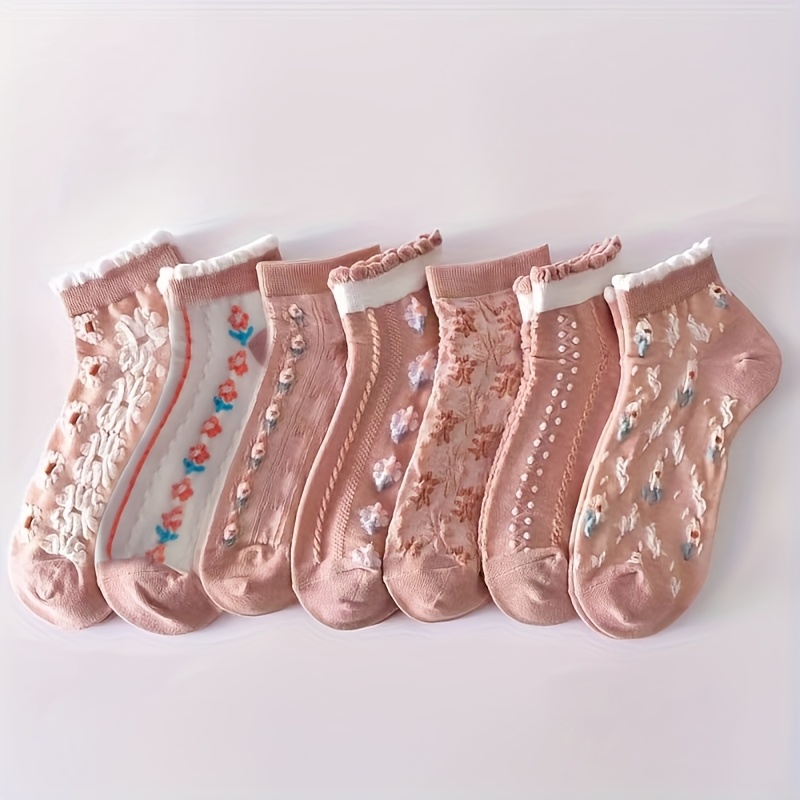 Image of 7 Pairs Fashion Sweet Jk Japanese Relief 3d Small Flower Women's Short Socks