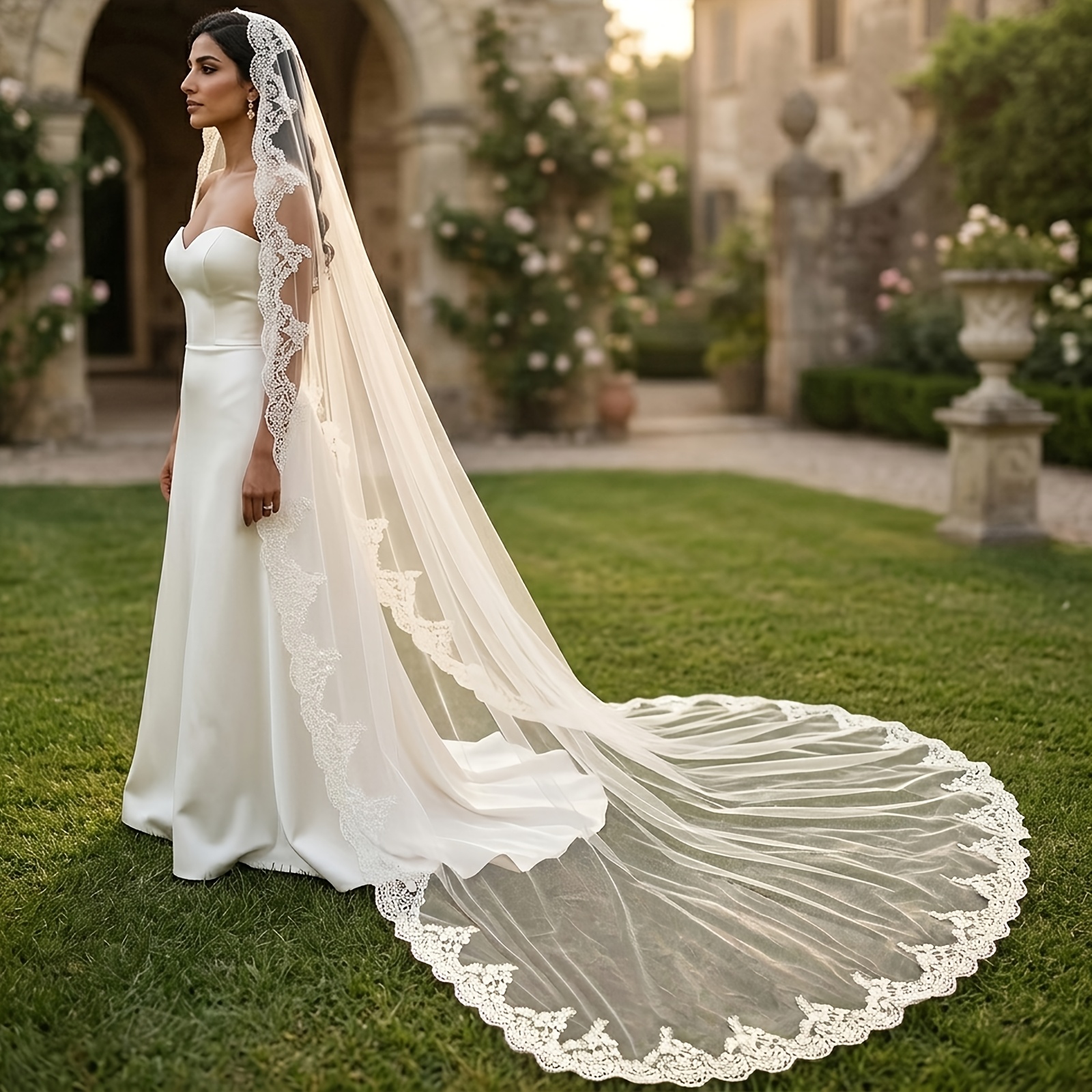 TEMU White Lace Trimmed Bridal Veil With Metal Hair Comb, Wedding Veil, Suitable For Outdoor Lawn Weddings, Women's Dress Headwear, Elegant Wedding