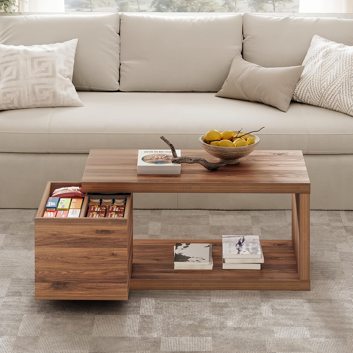 Contemporary Multifunctional Coffee Table - Extendable Swivel Top