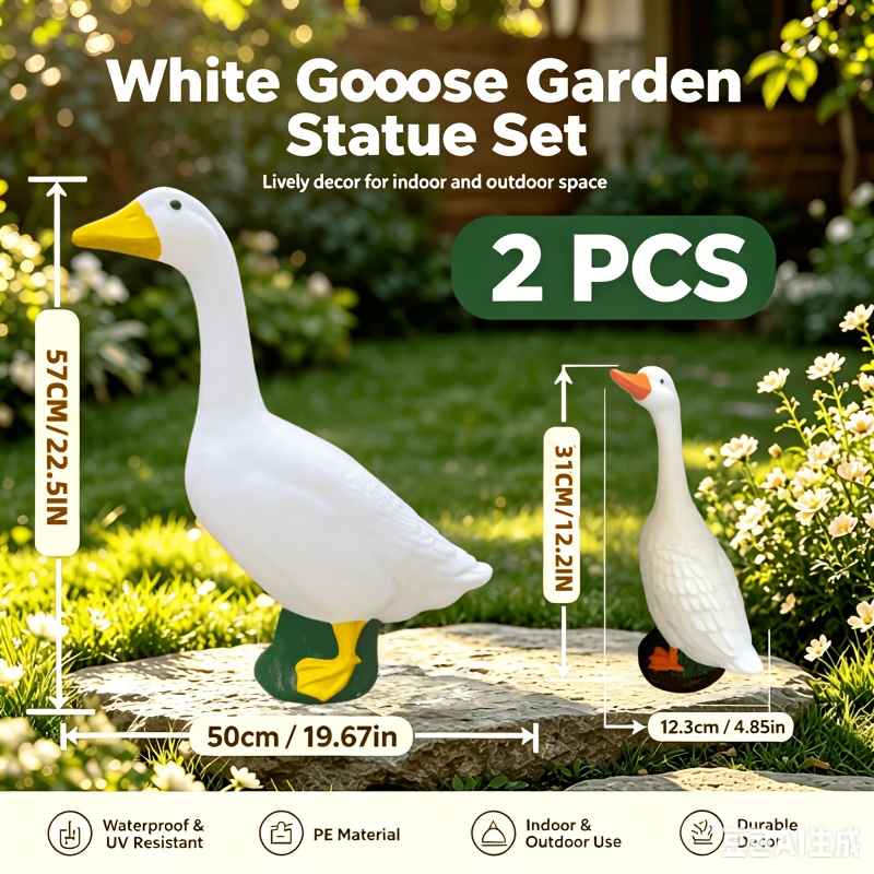 TEMU 2pcs Large & Small Goose Statue - Realistic Plastic Goose Figurines, Large Goose With 22.5-inch Height + Small Goose Suitable For Garden, Patio,