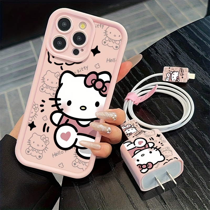 E-shop Handyhülle: Sanrio Handyhülle, 5er-Set, inkl. 1 Schüchterne Rosa Handyhülle + 1 Ladegerät-Schutz + 1 Kabelbinder + 2 Kabelschützer. Kompatibel