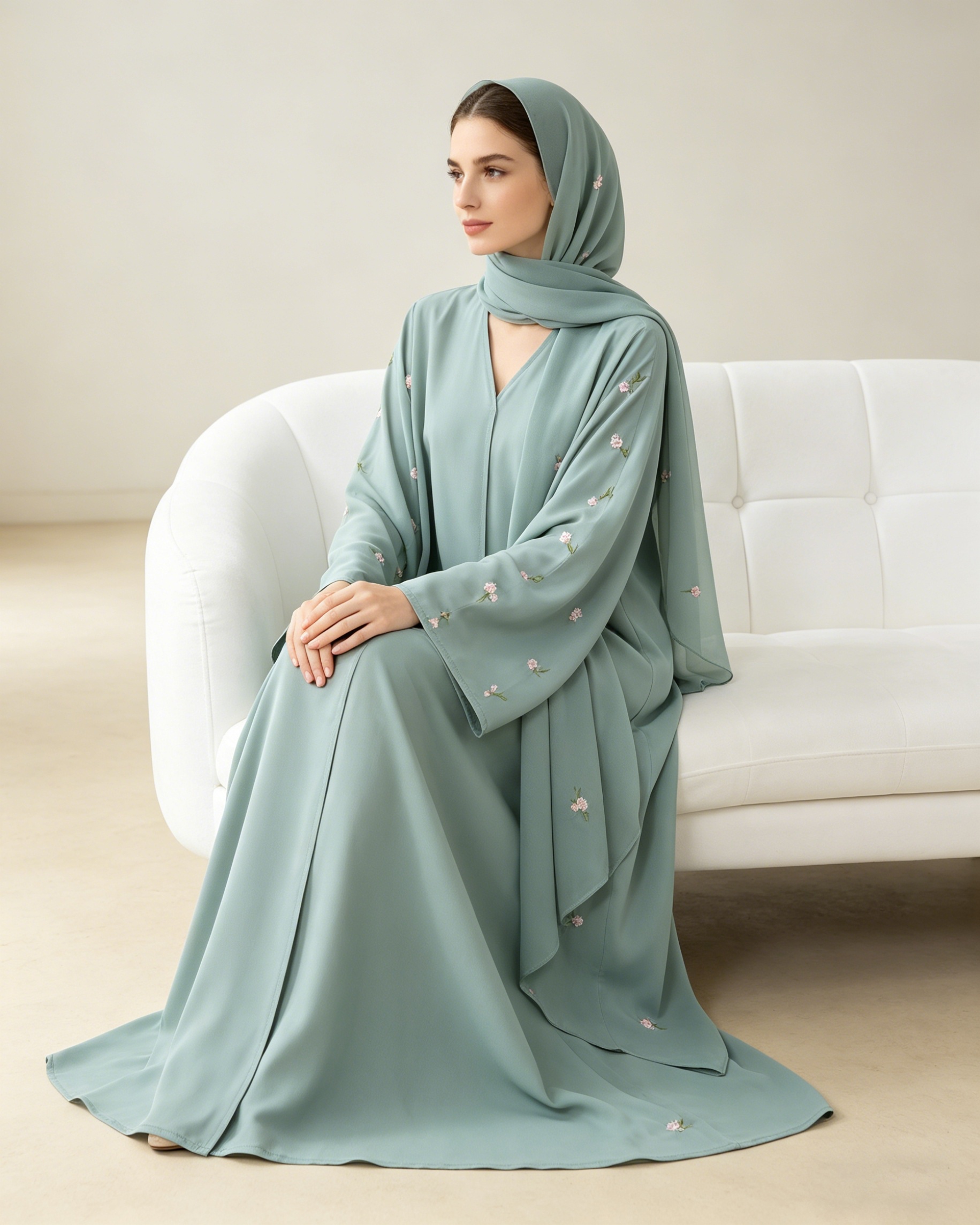 mint green abaya dress sage floral embroidery chiffon maxi light green colour abaya