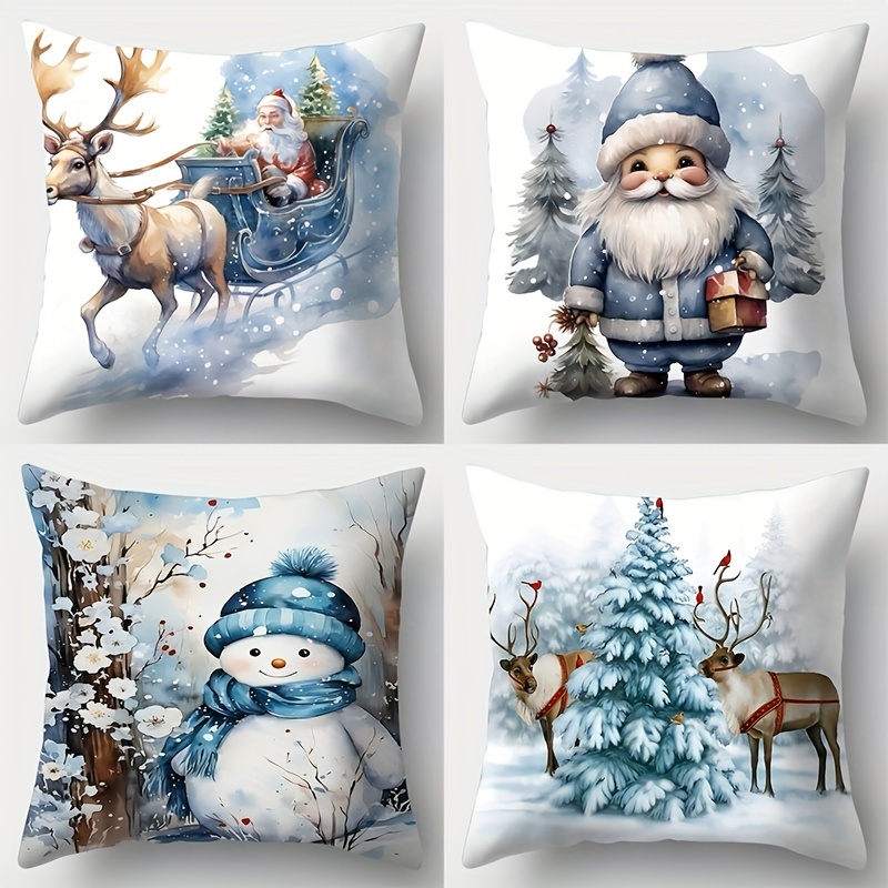 

4-piece Christmas Throw Pillow Covers Set - Reindeer, Snowman & Santa Designs | Soft Polyester, Zip Closure | 17.7" Square | Perfect For Sofa Decor | Hand Wash Only