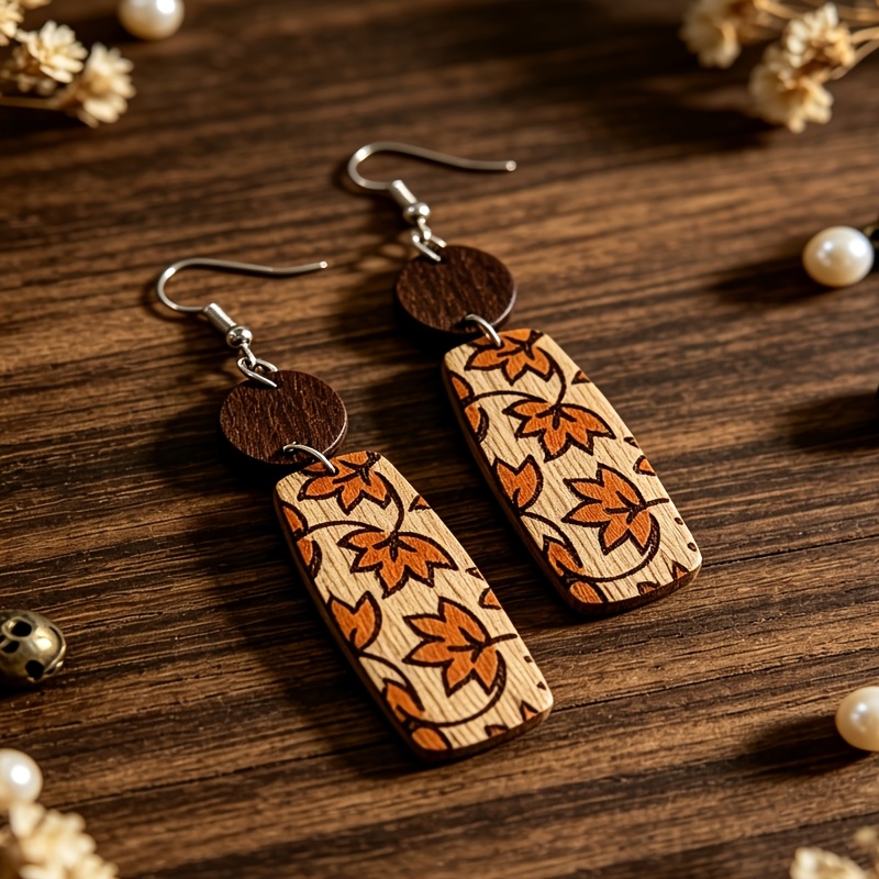 Retro Wooden Printed Maple Leaf Pendant Earrings
