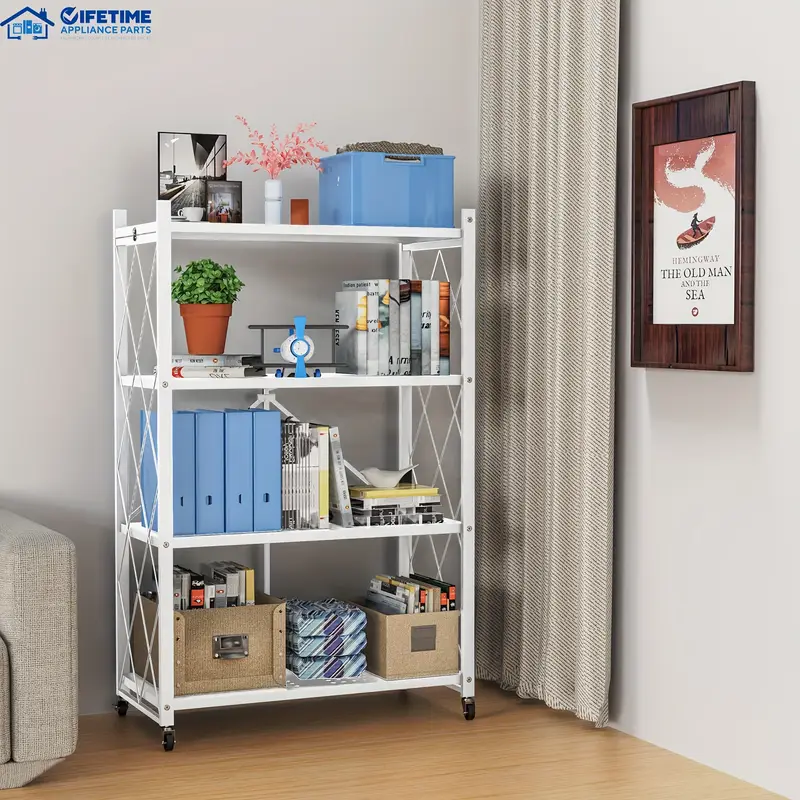 Estantería Plegable Metálica con Ruedas 4 Niveles Blanca - Vista frontal