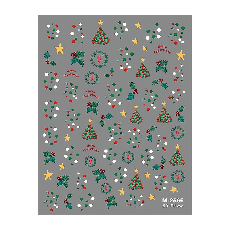 5d Embossed Christmas Nail Art Stickers - Holiday Designs With Holly, Bells, Stars & Candy Canes, Self-adhesive , Holiday