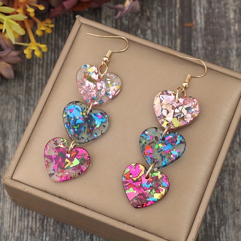 TEMU 1 Pair Of Vintage-inspired Glittery Acrylic Heart Dangle Earrings With Colorful Sequins - Ideal For Valentine's Day, Iron Posts, Cute Earrings