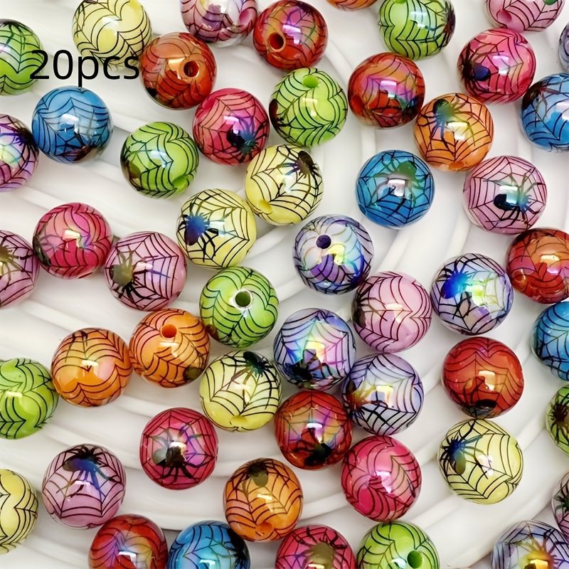 TEMU Halloween 16Mm Perles Colorées Acryliques de Toile d'Araignée avec Trou Droit, Fil Imprimé, Matériel Fait Main, , Accessoires de Bijoux (20