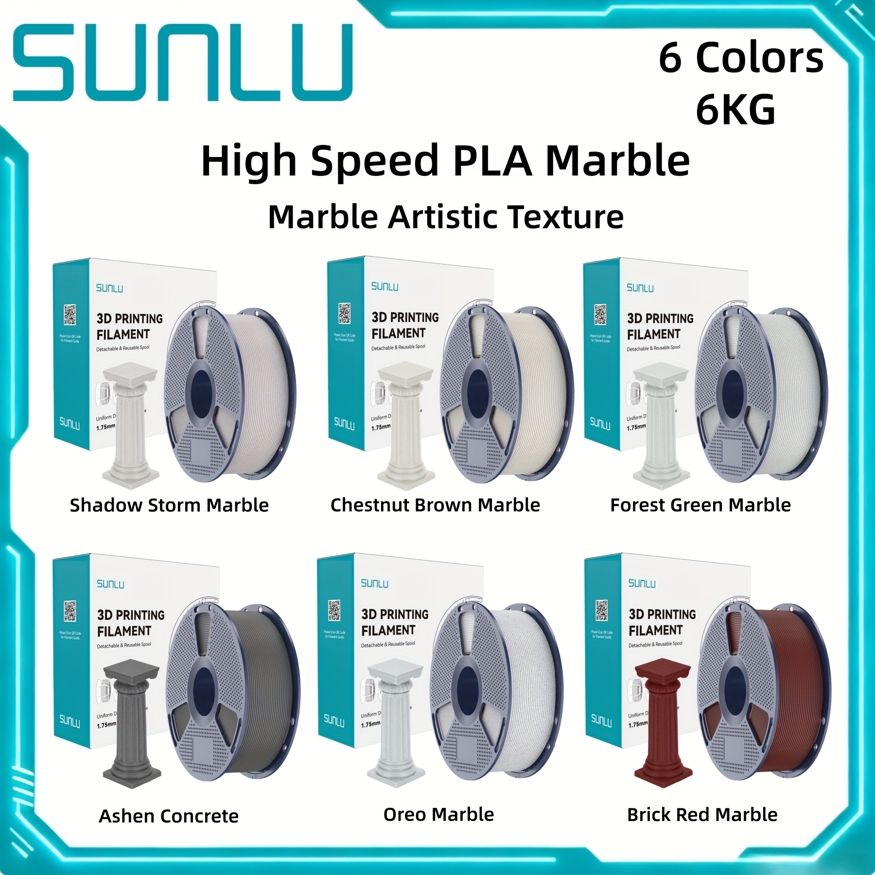 Image of Sunlu Marble Pla Filament 1.75mm +/- 0.02mm, 6 Spools (6kg Total), Realistic Marble Texture, - 600mm/s Printing, Artistic 3d Printing Filament