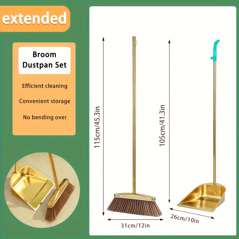 

Pmmj Broom And Dustpan Set - Golden Stainless Steel, 45-inch Extended Handle, Heavy-duty, , Non-electric, For Home, Kitchen, Indoor & Outdoor Cleaning, Essential Household Tool, Food Supply Equipment